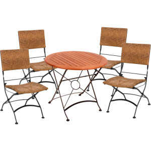 Tischgruppe GRAZ, 5 teilig, Stahl, Eukalyptus, runder Tisch