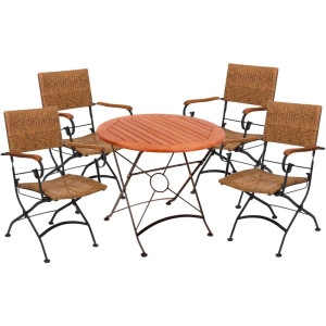 Tischgruppe GRAZ, 5 teilig, Eukalyptus, Tisch rund, Armlehnen