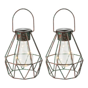 2er Set LED Solar Hängeleuchte, Gitter, bronzefarben, H 13 cm