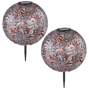 2x LED Solar-Steckleuchte, Kugel, silber-grau, 26 cm