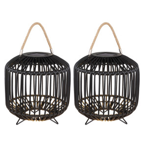 2er Set LED Solarleuchte, Käfig-Design, Hanfseil, schwarz, 23 cm