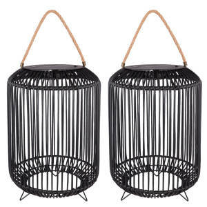 2er Set LED Solarleuchte, Käfig-Design, Hanfseil, schwarz, 33 cm