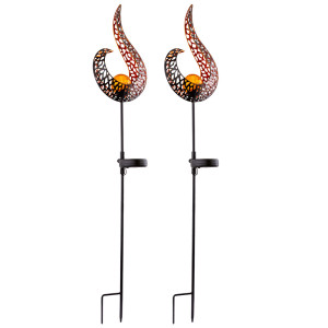 2er Set LED Solarleuchten, schwarz gold, Flammen Design, H 90 cm