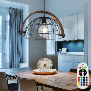 RGB LED Hängeleuchte, Holz, Käfig, weiß, H 160 cm
