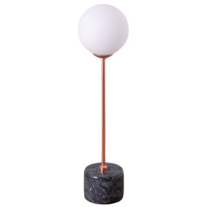 LED Tischlampe, Glaskugel weiß, Marmor schwarz, kupfer, H 40 cm