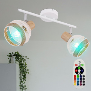 RGB LED Deckenleuchte, Hanfseil, Holz-Optik, Spots verstellbar, WIDY