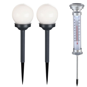 3x LED Solarleuchten, Kugel, Thermometer, Erdspieß