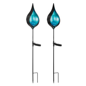 2x LED Solarleuchte, schwarz blau, Crackleglas H 80 cm