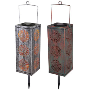 2er Set LED Solarleuchte, silber, rost, Blumen Dekor, H 26 cm
