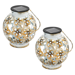 2er Set LED Solar Hängeleuchte, Dekorstanzungen, weiß-gelb, H 14 cm