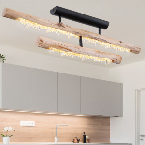 LED Deckenleuchte, Kristalle, Holz-Balken, natur, L 80 cm