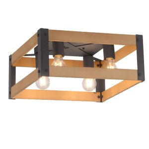 Deckenlampe, Eisen schwarz, Holz natur, L 40 cm, CRATE