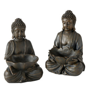 2er Set Buddha Dekofiguren, Kunstharz braun, H 30 cm