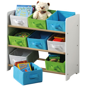 Kinderregal, Kiefernholz, Stoffschubladen, weiß, grün, blau