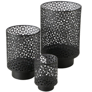 3er Set Windlichter, Eisen, schwarz, Glitzer, Sterne, LYRAS