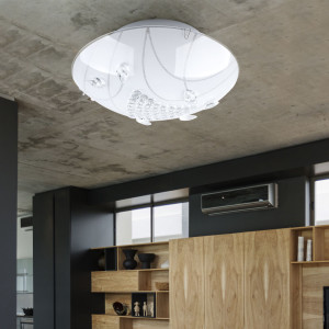 LED Deckenleuchte, Glas satiniert, Kristalle, D 30 cm