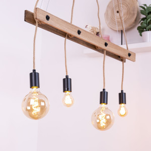 LED Hängeleuchte, Holz, Hanfseil, schwarz-matt, natur, 90 cm