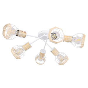 LED Deckenleuchte, Metall, weiß, Holz, Bast-Schirm, natur