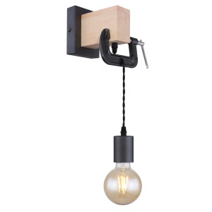 Wandleuchte, Metall, Holz, Schwarz, Hell, Schraubzwinge