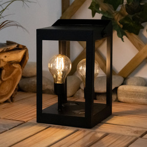 LED Solarlaterne schwarz, 2x Filament Leuchtmittel amber