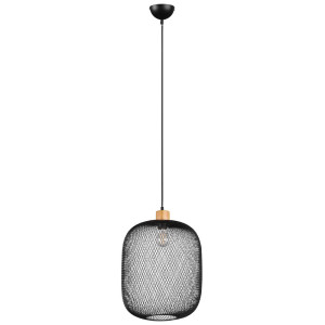 Pendelleuchte, schwarz, Käfig, Holz natur, 33 cm