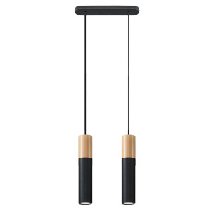 Pendelleuchte, Schwarz, Stahl, Holz, 2-flammig, L 34 cm