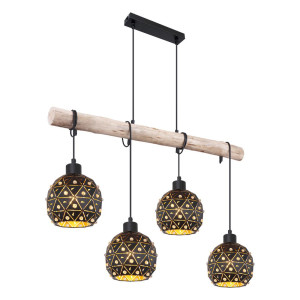 LED Hängeleuchte, Balken natur, Kristalle, schwarz, L 85 cm