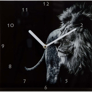 Glasuhr, Motiv-Löwe, Schwarz, Quadrat, Glas, 25 cm