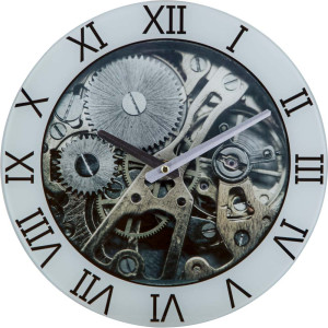 Glasuhr, Uhrwerk-Motiv, Grau, Glas, 30 cm