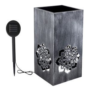 LED Solar Blumentopf, Blüten Design, silber grau antik
