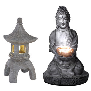 2er Set LED Solarleuchten, Buddha, Pagode grau