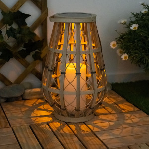 LED Solarlaterne, Feuer-Effekt, Rattan-Optik, beige, H 44 cm