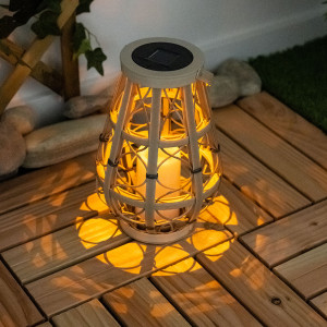 LED Solarlaterne, Feuer-Effekt, Korb-Optik, beige, H 27 cm
