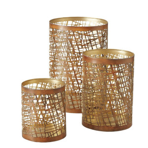 3er Set Windlichter, Eisen, Gold, Gitterform, H 12-22 cm