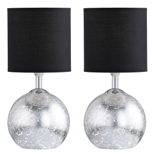 2er Set Tischleuchte, Kugel, Textil, silber, schwarz, H 33,5 cm