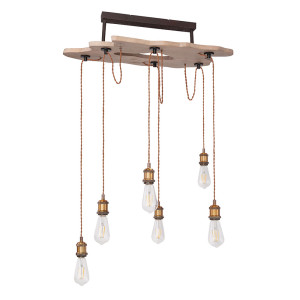 LED Pendelleuchte, Holz natur, Metall rost, höhenverstellbar, L 74 cm