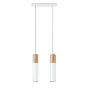 LED Pendelleuchte, Stahl weiß, Holz natur, L 34 cm