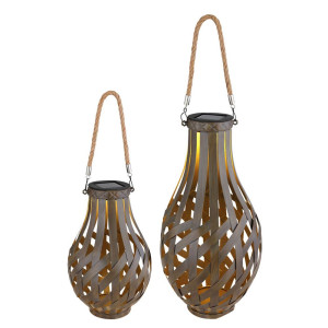 2er Set LED Solarleuchten, Bambus, Braun, Schalter, H 27 cm
