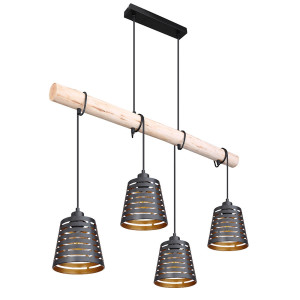 Hängeleuchte, Holz braun, schwarz-gold, H 120 cm