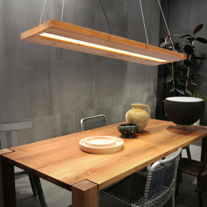 LED Hängeleuchte, Holz, schwarzes Textilkabel, braun, H145cm