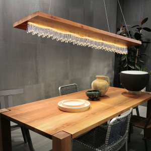 LED Hängeleuchte, Holz, Kristalldeko, schwarz, braun, H145cm
