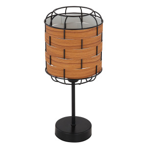 Tischleuchte, Käfig-Design, Holzoptik, braun, schwarz matt