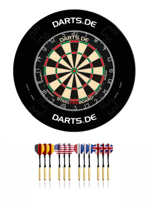 Darts.de Set - Dartscheibe (Dartboard) mit 12 Dartpfeilen und Auffangring
