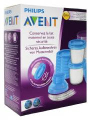 Avent 10 Pots de Conservation de Lait Maternel SCF618/10 - Boîte 10 pots de 180 ml + 2 adaptateurs tire-lait