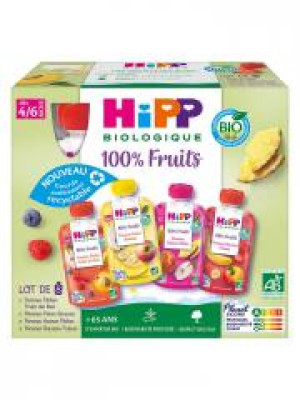 HiPP 100% Fruits dès 4/6 Mois Bio 8 Gourdes - Boîte 8 gourdes de 90 g