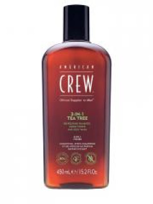 American Crew 3-En-1 Arbre à Thé, Shampooing, Après Shampooing & Gel Douche pour Cheveux et Corps (450ml), Revitalisant et hydratant. - Flacon 450
