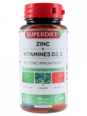 Superdiet Zinc + Vitamines D3, C 60 Gélules - Pot 60 gélules de 401 mg