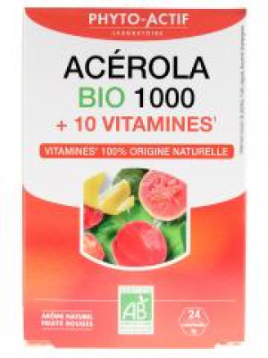Phyto-Actif Acerola 1000 + 10 Vitamines Bio 24 Comprimés - Boîte 2 tubes de 12 comprimés