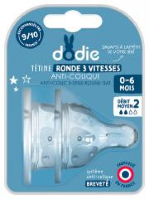 Dodie 2 Tétines Rondes Anti-Colique 3 Vitesses Débit Moyen 0-6 Mois - Blister 2 tétines
