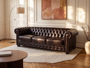 Vente-unique Vierzitsbank Chesterfield BRENTON 100% buffelleer - bruin tinten